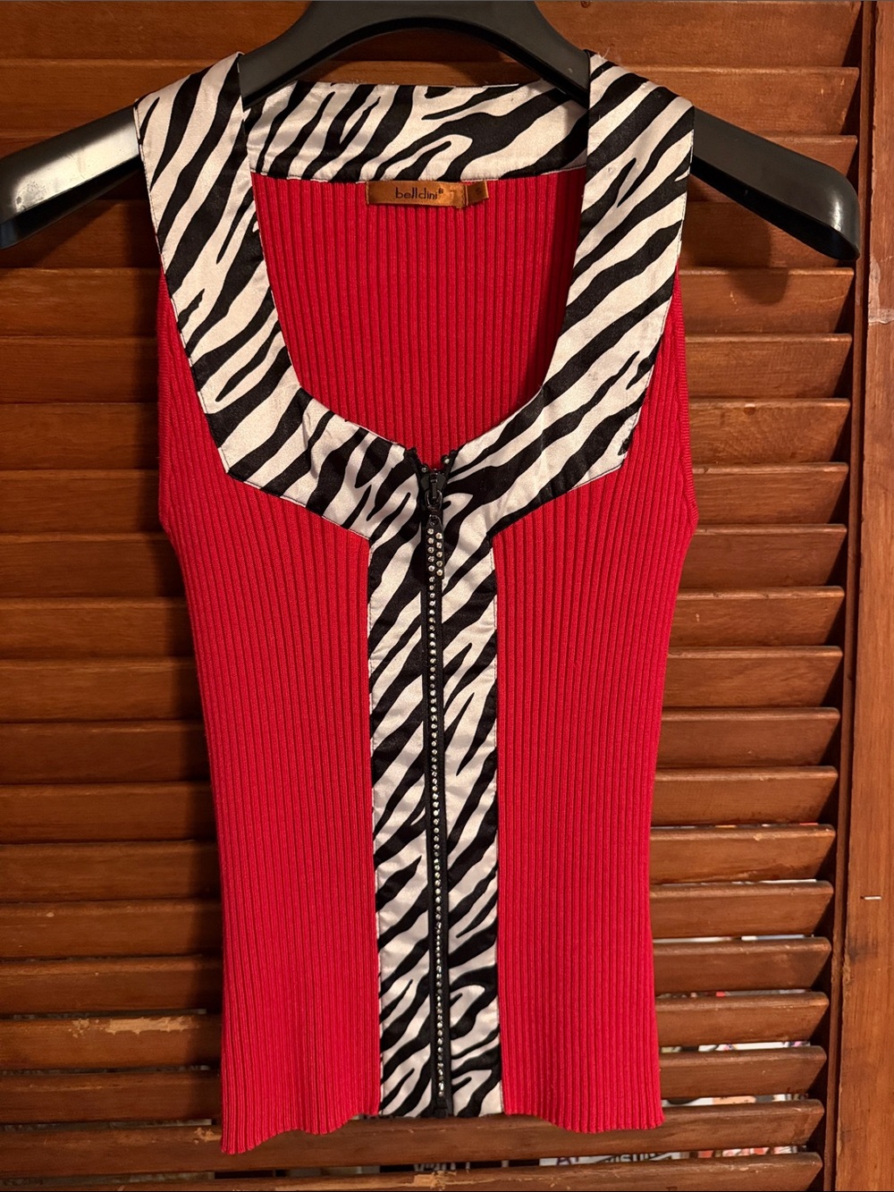 Belldini Red Ribbed Front Zip Tank with Zebra Silk Trim & Crystal Zipper Small
